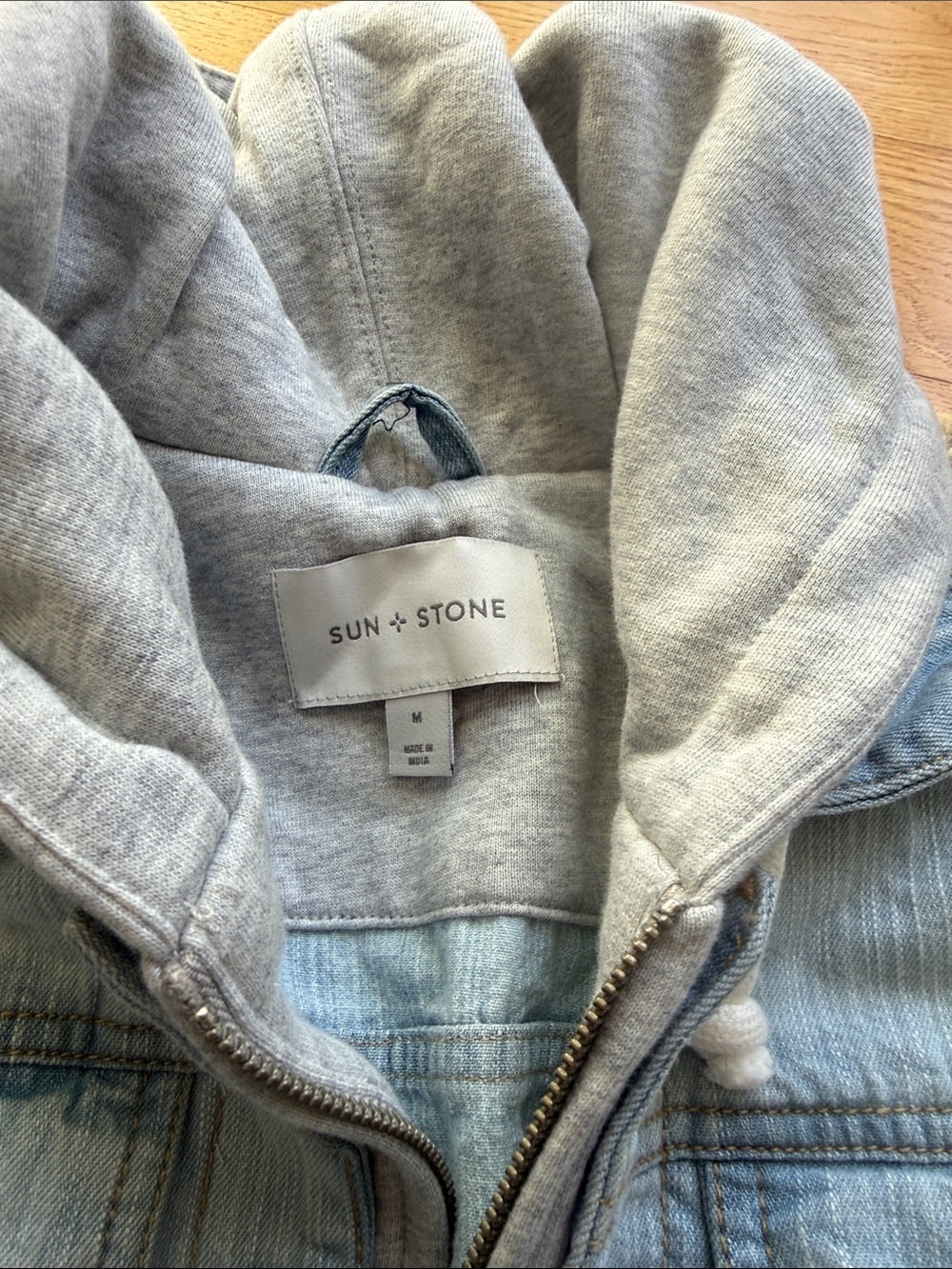 Sun + Stone Light Gray Hooded Denim Jacket